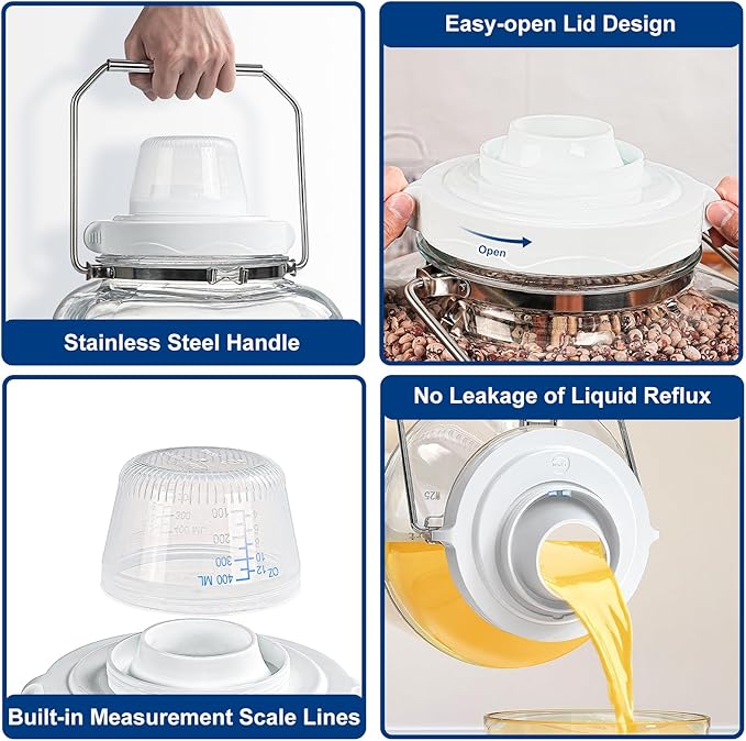 5 Gallon Air Tight Glass Storage Jars, 6.4inch Wide Mouth Canister with Stainless Steel Handle, Large Gallon Glass Jars, Glass Water Jug with Cup for Terrarium, Storage, Dog Treats, Mead Making