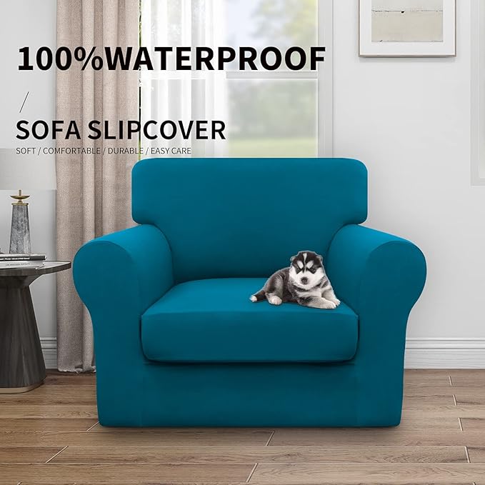 Easy-Going 100% Dual Waterproof 2 Pieces Chair Cover Stretch Soft Couch Cover for Dogs, Sofa Slipcover for 1 Separate Cushion Couch Leakproof Furniture Protector for Kids, Pets Peacock Blue