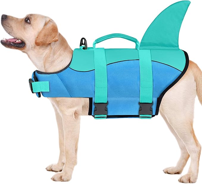 Malier Dog Life Jacket, Ripstop Dog Life Vest with High Buoyancy for Swimming Boating, High Visibility Shark Puppy Lifesaver for Dogs (Blue, XX-Large)
