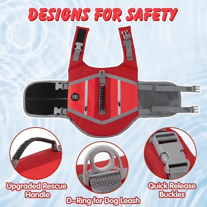 EMUST Dog Life Vests for Boating, Water-Resistant Dog Swimming Vest with Rescue Handle, Comfortable Fit Dog Life Jacket Medium with D-Ring for Rafting, Surfing, Canoeing, Red, M