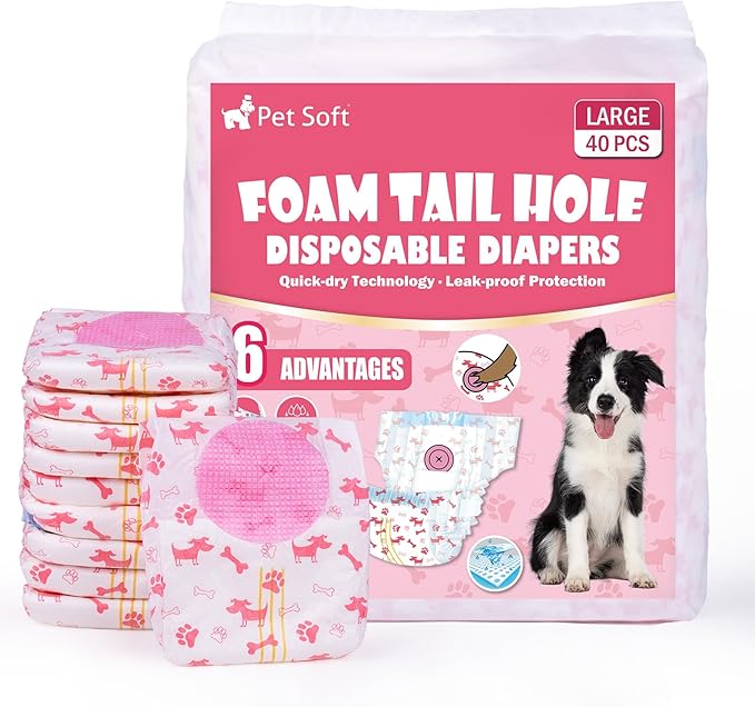 Pet Soft Disposable Dog Diapers - Female Dog Diapers with Adjustable Foam Tail Hole, Ultra Protection Puppy & Cat Diapers Wetness Indicator for Dogs in Heat or Incontinence, 40pcs (L,Red)