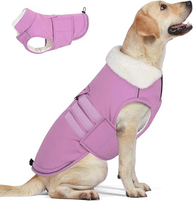 Mklhgty Extra Warm Dog Coat, Waterproof Dog Winter Jacket with Leash Portal, Fleece Reflective Pet Snow Vest for Small Medium Large Dogs - Lilac - XL
