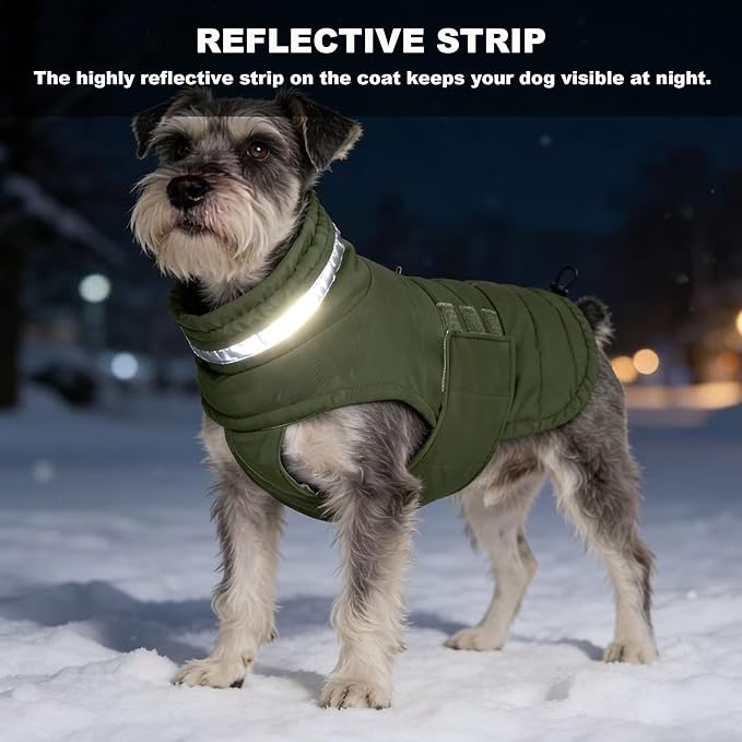 Mklhgty Waterproof Dog Coat for Small Dogs, Warm Dog Winter Jacket, Reflective Windproof Turtleneck Dog Cold Weather Coats with Adjustable Hook & Loop - Green - S