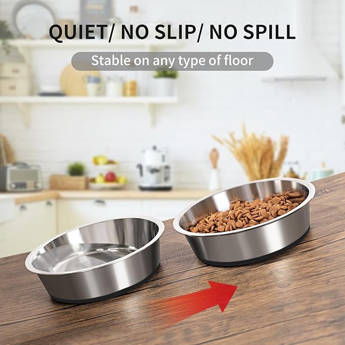 Taglory 8 Cup Stainless Steel Dog Bowls Set of 2 for Food and Water, Silicone Base Anti-Slip, Rust Resistant, Extra Thick Metal Bowls for Medium Dogs, 59oz, Black