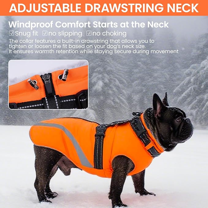 QBLEEV Dog Coat for Medium Dogs, Waterproof Dog Winter Coat with Built-in Harness and D-Ring, Zip Up Pet Cold Weather Coats with Fleece Lined, Warm Snowsuit Gear Vest for Pug Boston Terrier, Orange, M