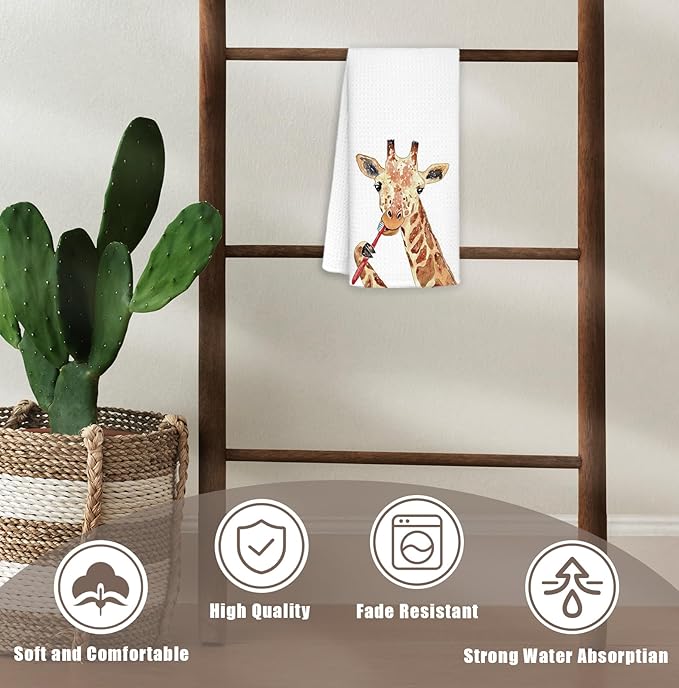 Funny Giraffe Bathroom Hand Towels, Giraffe Gifts for Kids, Kids Bathroom Decor, Brushing Teeth Wild Animal Hand Towels for Bath Room Washroom Toilet, 16x24 Inch