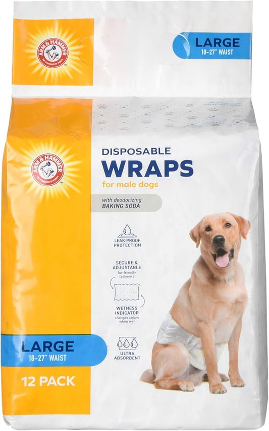 Arm & Hammer Large Male Dog Wraps, Disposable Belly Band Diapers with Baking Soda Odor Control, Super Absorbent Leak Resistant Design for Marking and Incontinence, 18-27 Inch Waist, 12 Count