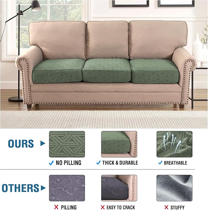 H.VERSAILTEX Jacquard Sofa Cushion Covers Stretch Sofa Covers for 3 Cushion Couch Furniture Protector Spandex Anti-Slip Soft Thickened Slipcovers Diamond Pattern(3 Seat Covers, Sea Grass)