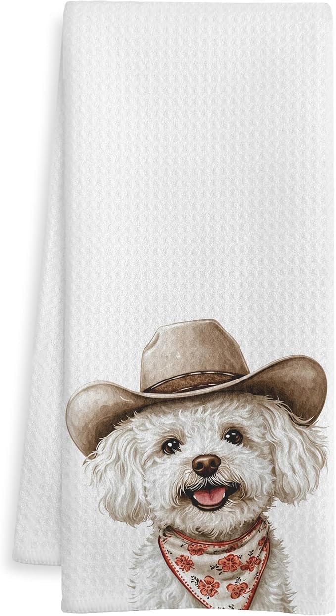 Cowboy Bichon Frise Kitchen Towels, Bichon Frise Gifts for Women Men Dish Tea Towel for Kitchen Decor, Funny Western Dog Hand Towels for Bathroom Decor, Dog Lover Mom Gifts, 16X24 Inch