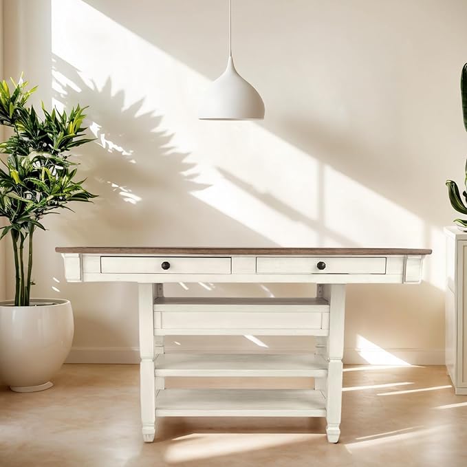 Signature Design by Ashley Bolanburg Rectangular Counter Dining Room Table, 4 Drawers, Seats 6, Storage Rack, Wood, 60" W x 40" D x 36" H, White & Brown