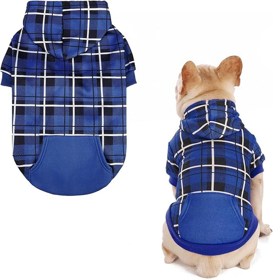 EXPAWLORER Plaid Dog Hoodie - British Style Warm Dog Sweater Shirt with Leash Hole,Pitbull Clothes Outfits,Winter Coat Apparel for All Breeds Puppy Girl Boy-Cat Apparel,Navy Blue X-Small