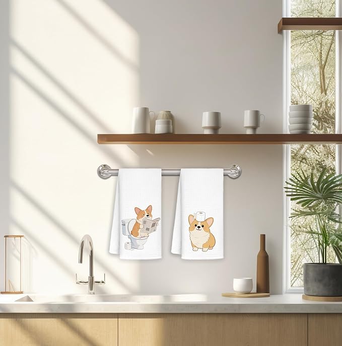 Funny Corgy Bathroom Hand Towels Set of 2, Kids Bathroom Decor, Corgi Lovers Gifts, Cute Dog Hand Towels for Bath Room Washroom Toilet, Dog Lover Mom Gifts, 16x24 Inch