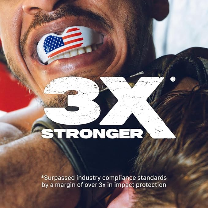 SAFEJAWZ Mouth Guard, Dual Layer Mouthguard for Adults with Case, Easy Fit Remoldable Mouthpiece for Football, Boxing, Lacrosse, MMA, Basketball & All Contact Sports (Adult 12+ Years, American Flag)