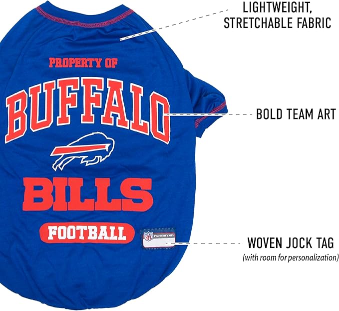 NFL Buffalo Bills Dog T-Shirt for Pets, Size Small. Officially Licensed Pet Shirt with Team Logo, Soft Stretchable Comfort Fit Apparel for Dogs & Cats