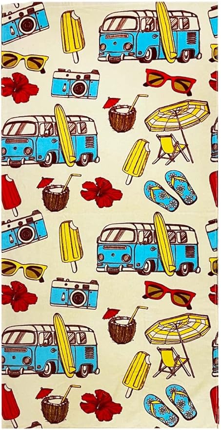YIFONTIN Kids Beach Towel Velour Terry Blanket Throw 100% Cotton Super Soft Absorbent 25.5X51 inches for Bath Swimming Sports Camping Holiday Picnic, Bus Coconut Parasol Lounge Audio Player.