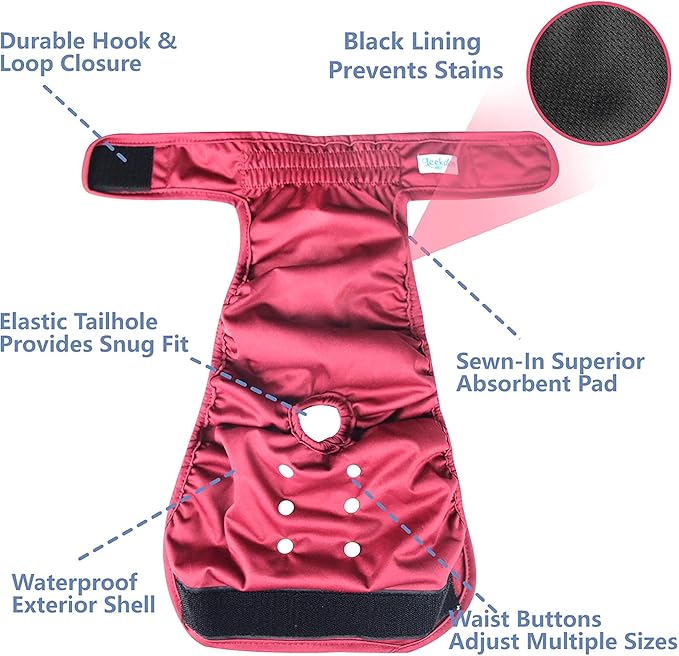 Leekalos Reusable Washable Dog Diapers Female (3 Pack) - Highly Absorbent Doggie Diapers - Size Adjustable Puppy Diapers for Dog Period Panties (Medium,Red,Purple,Black)