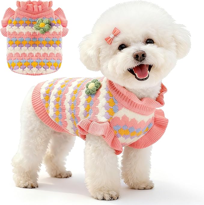 BAEJMJK Cute Flower Small Dog Sweater Soft Girl Dog Clothes Turtleneck Warm Pet Puppy Knitted Pullover Princess Dogs Cats Outfits(Pink,Large)