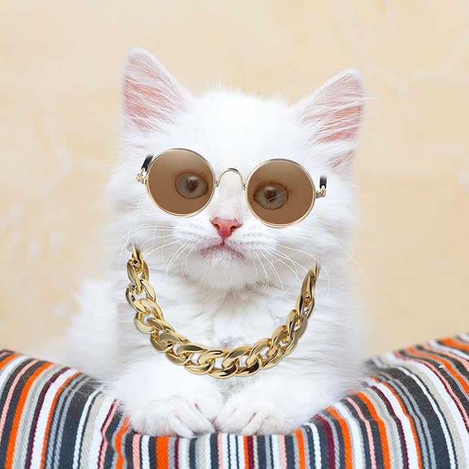 Weewooday 7 Pcs Dog Sunglasses Cats Sunglasses with 2 Gold Chain Retro Round Metal Glasses Funny Cute Cosplay Costume for Small Pet(Fresh Colors,Delicate Style)