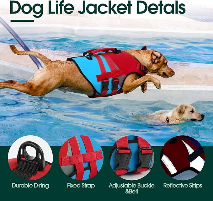 Kuoser Dog Life Jacket with Rescue Handle, High Flotation Dogs Swim Vest with Reflective Strips,Adjustable Dog Life Vest for Swimming, Boating, Pool&Beach, Doggy Lifejacket for Small Medium Large Dogs