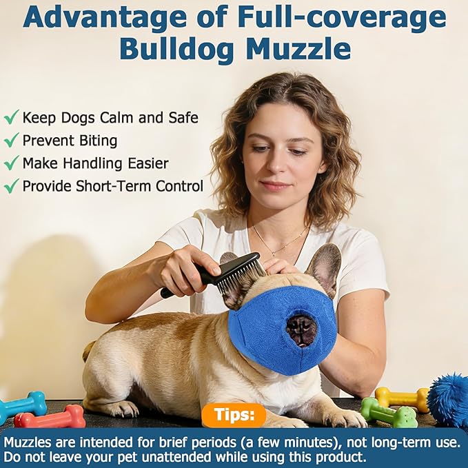 BARKLESS French Bulldog Calming Muzzle, Short Snout Shading Eye Mask to Help Calm The Dog Down, Soft Dog Muzzle for Grooming Vet Visits, Mouth Guard Prevent Biting (Blue, S)