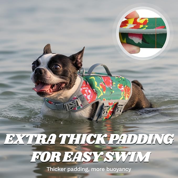 VIVAGLORY High Buoyancy Dog Life Vest, Swimming Vest with Handle, Dog Life Jacket for Swimming & Boating, Buoyancy for Puppy Doggy, M, Northeast Florals-Green