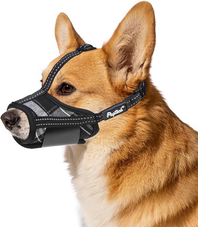PUPTECK Dog Muzzle, Soft Adjustable Loop Reflective Pets Muzzle Prevent Biting Barking Chewing, Breathable Muzzle with Air Mesh Dog Mouth Guard Drinkable for Large Medium Small Sized, Black Plaid, M