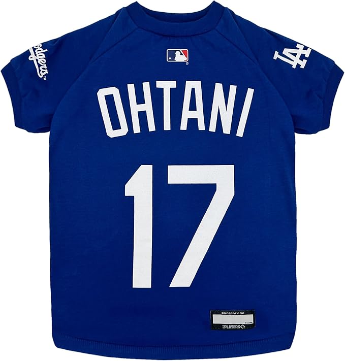 Pets First MLBPA Shohei Ohtani #17 Blue TEE Shirt for Dogs & Cats. MLB Los Angeles Dodgers Dog T-Shirt, Size X-Small, Sports Dress for Pets, Licensed Sporty Dog Shirt