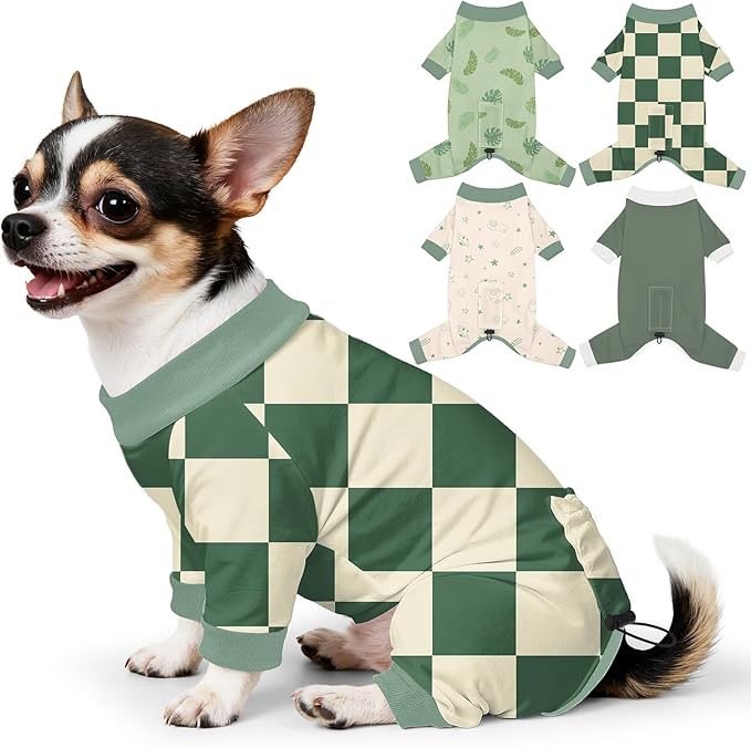 Bienbee Dog Pajamas, 4 Pack Dog Recovery Suit Shedding Suit Cute Soft Puppy Clothes Dogs Pjs Onesies Jammies Adjustable Breathable & Stretchy Clothes for Small Medium Large Dogs Girl Boy Puppy-S