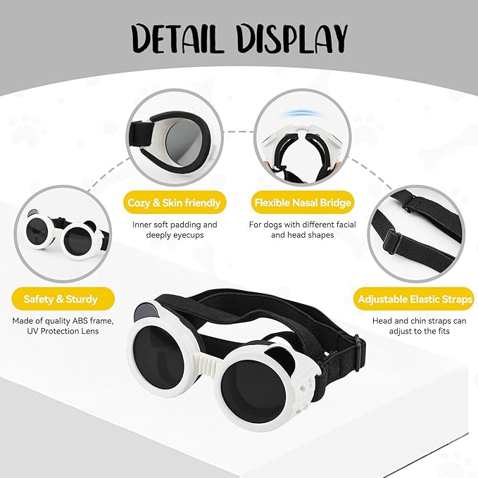 PETLESO Extra Small Dog Goggles and XSmall Dog Helmet, 2Pcs Anti-UV Doggy Sunglasses Cat Motorcycle Protecetive Helmet Set, Chihuahua Safety Hard Hat Outdoor Head & Eyes Protection, White XS
