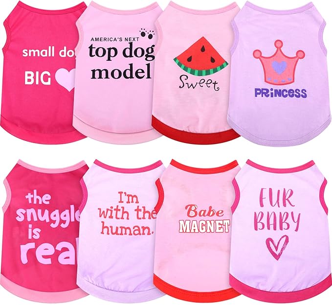 Reginary 8 Pieces Dog Shirts Girl Small Dog Clothes for Chihuahuas Yorkies Female Puppy Shirts Printed Pet Outfit Cute Breathable Soft Valentine's Day Doggie Cat Lovers Gift(Cute Pattern,Size M)