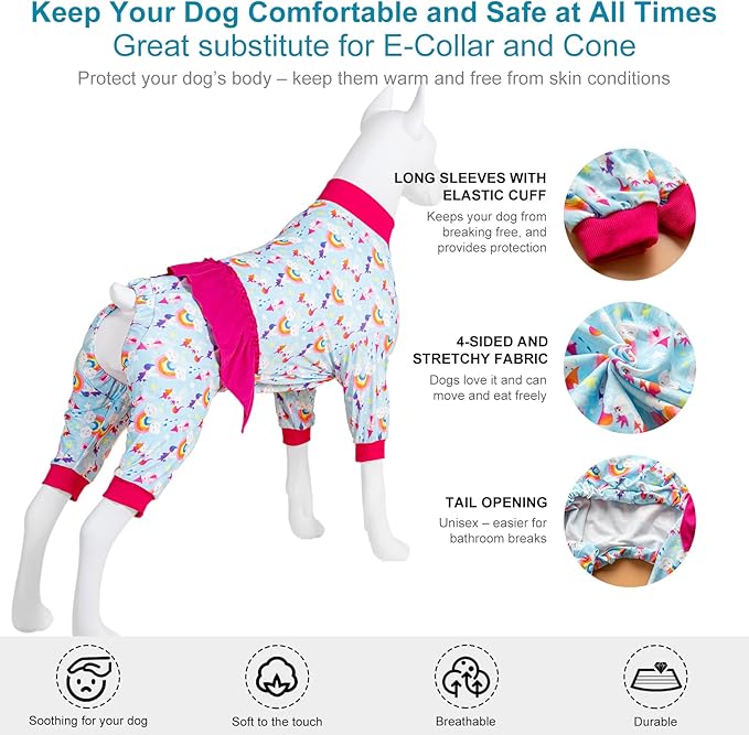 LovinPet Large Dog Pajamas, Dog Onesie UV Protection, Lightweight Stretchable Fabric, Post-Surgical Pajamas, Rainbow Castle Print, Undershirt for Dog Dresses, Pitbull Clothes, Red 2XL