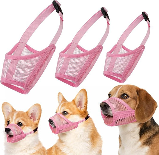 Dog Muzzle Suits for Small Medium Large Dogs, Mesh Muzzle Anti Biting Chewing, Breathable Mouth Cover Set with Adjustable Strap for Grooming Vet Visiting Training (3 PCS(S-L), Pink)