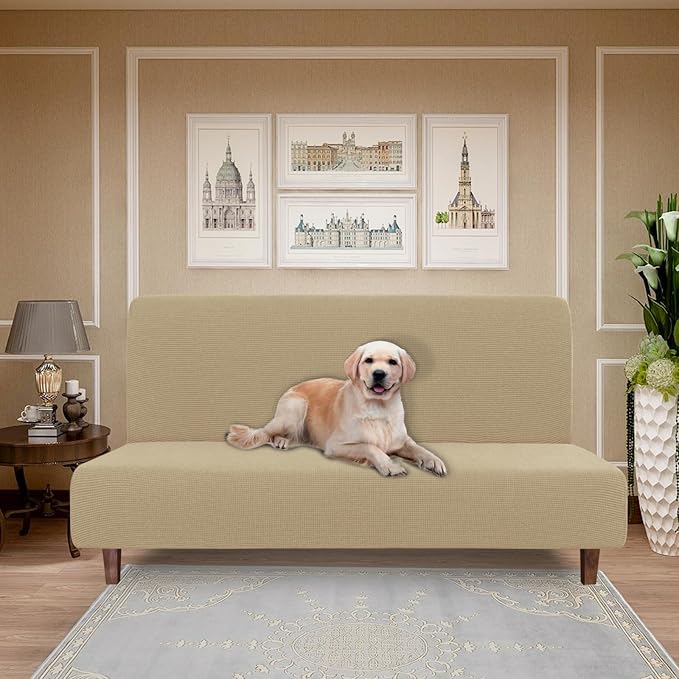 Easy-Going 100% Waterproof Futon Cover, Dual Waterproof Couch Cover for Futon, Stretch Jacquard Sofa Cover, Leakproof Furniture Protector for Kids, Pets, Dog and Cat (Medium, Sand)