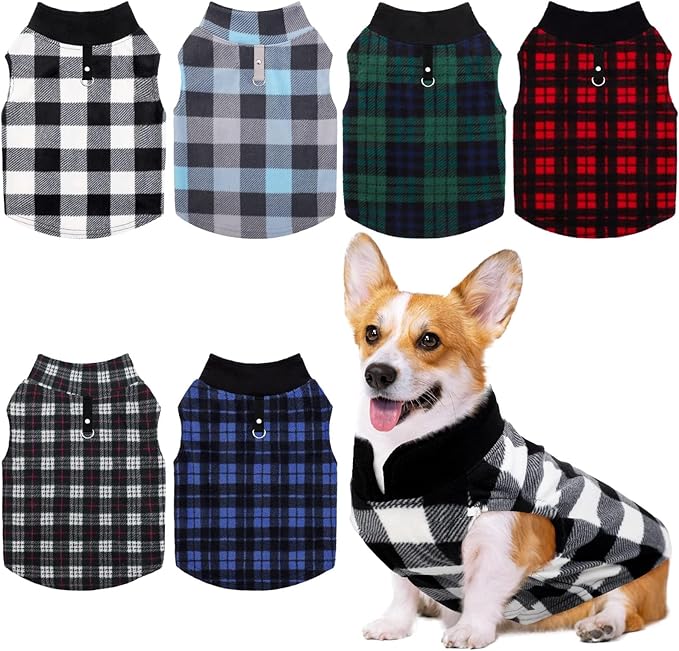 Pedgot 6 Pieces Warm Fleece Vest With Leash Ring - Dog Sweatshirt Winter Pet Clothes Plaid Pullover for Puppy Small Dogs Cat, Large