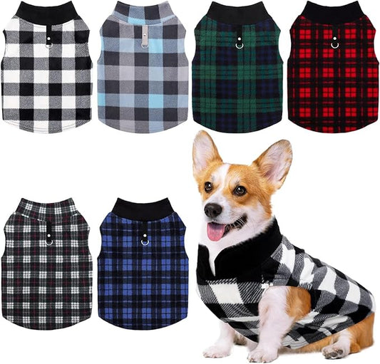 Pedgot 6 Pieces Warm Fleece Vest With Leash Ring - Dog Sweatshirt Winter Pet Clothes Plaid Pullover for Puppy Small Dogs Cat, Large