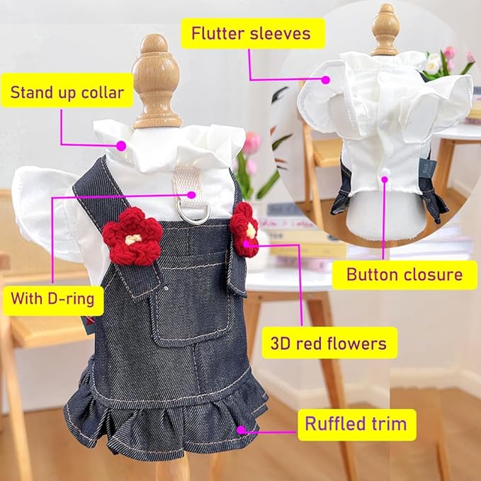 ANIAC Denim Small Puppy Dress 3D Flowers Girl Dog Clothes with D-Ring and Pocket Female Cat Harness Dresses Cute Shih Tzu Yorkies Chihuahua Outfits Summer Pet Clothing (X-Large)