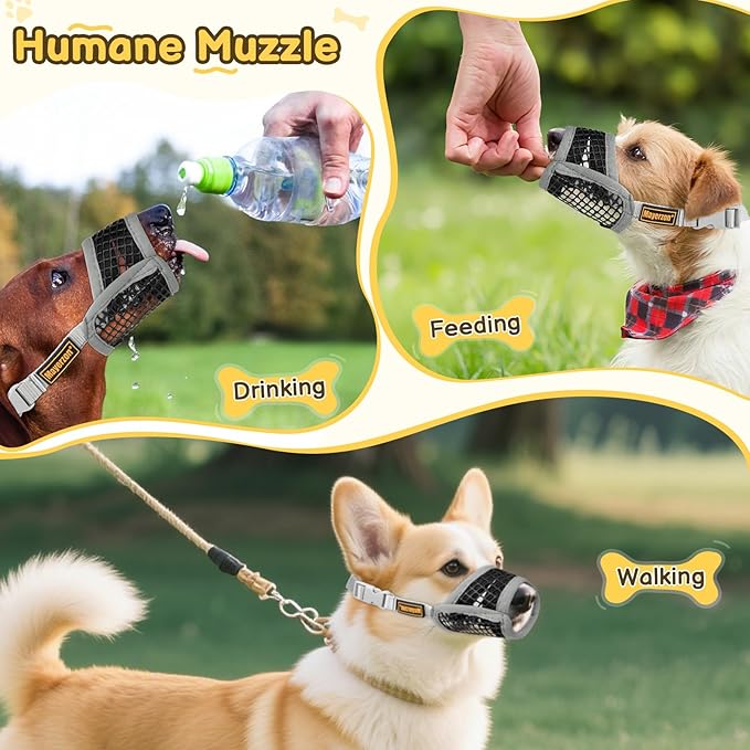 Mayerzon Dog Muzzle for Biting, Patented Soft Breathable Mesh Muzzle for Small Medium Dogs Chihuahua Dachshund Poodle, Adjustable Mouth Cover for Grooming, Chewing, Vet Visits (Grey Trim, M)