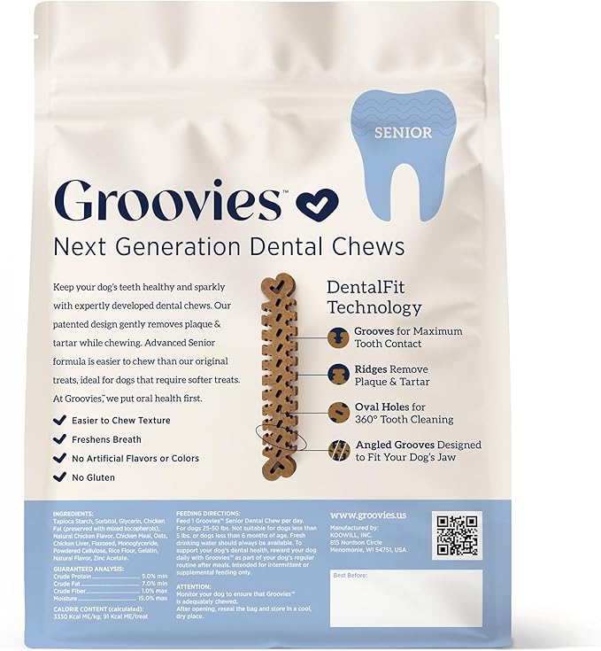 Groovies Gentle & Flexible Senior Dog Dental Chews, Contact-Cleaning Design Supporting Tartar Control & Fresh Breath, Oral Care Treats, USA Manufactured, Patented DentalFit Tech, Large Dogs, 27 Chews