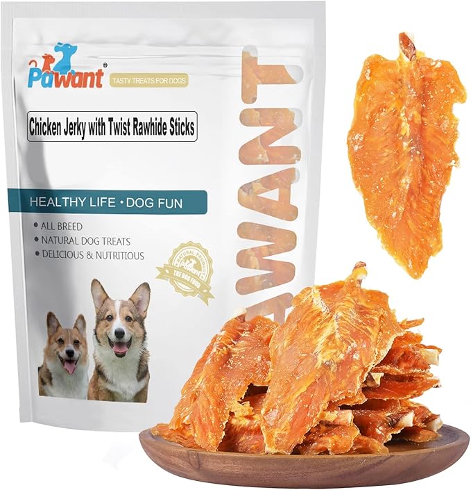 Chicken Jerky with Twist Rawhide Sticks for Dogs, 32 oz - High Protein Real Chicken Breast Dog Chews - Long Lasting Dental Care Treats for Puppies, Small and Medium Breeds, 4-4.5 Inch