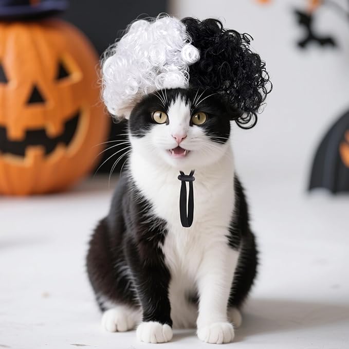 1 Pcs Funny Pets Wigs for Dog, Funny Black and White Curly Dog Wig Adjustable Pet Wigs for Halloween Pet Costume Accessories for Halloween, Christmas, Parties, Festivals Cosplay