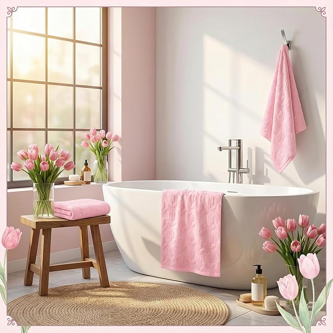 2pcs Pink Tulip Hand Towels for Bathroom Pink Spring Cotton Jacquard Kitchen Bath Hand Towels Set Decorative Weave Floral 3D Kitchen Dish Towel Soft Absorbent Bathroom Towel Home Decor Gift