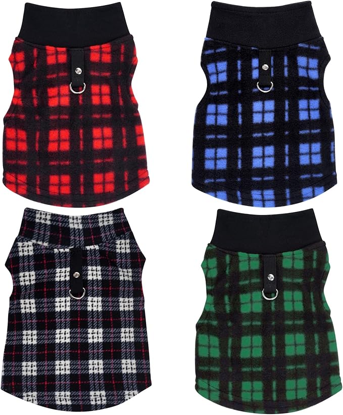 Rbenxia 4 Buffalo Plaid Dog Sweaters with Leash Ring Soft Fleece Vest Pullover Warm Jacket Pet Clothes Winter Outfits for Small Puppy Cat Pets (XX-Large)