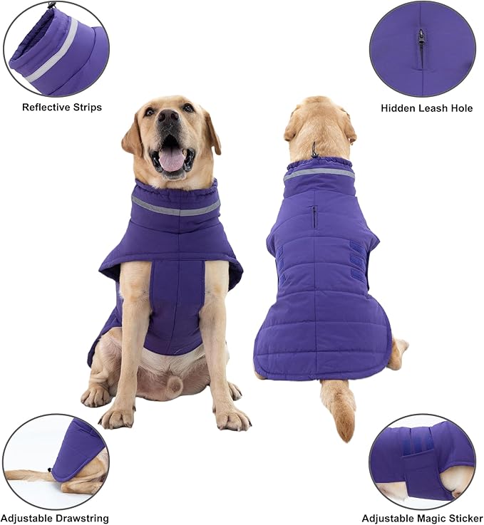 Mklhgty Waterproof Dog Coat for Medium and Large Dogs, Warm Dog Winter Jacket, Reflective Windproof Turtleneck Coats with Adjustable Hook & Loop - Purple - L