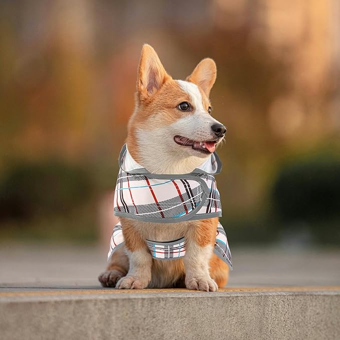Dog Raincoat for Large Dogs Waterproof Jacket Hooded Rain Coats with Reflective Strips Leash Hole & Poncho Adjustable Fit (Plaid,L)