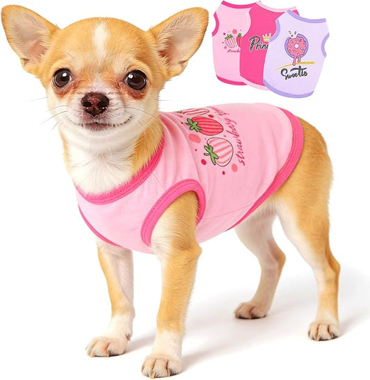 3 Pieces Dog Clothes for Small Dogs Girl Summer Dog Shirts Cute Printed Puppy Tshirts Pet Outfits Apparel, Medium, Pink, Rose, Purple