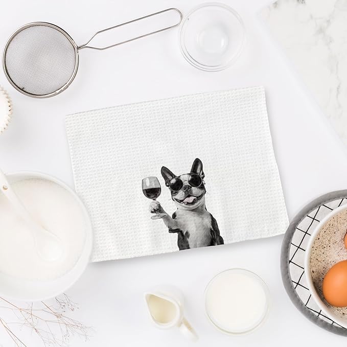 Boston Terrier Gifts Wine Dog Kitchen Towels, Gifts for Boston Terrier Dog Wine Lovers Decorative Hand Dish Towel for Kitchen Home Bar,Funny BostonTerrier Dogs Home Bar Kitchens Decor(16x24Inch)