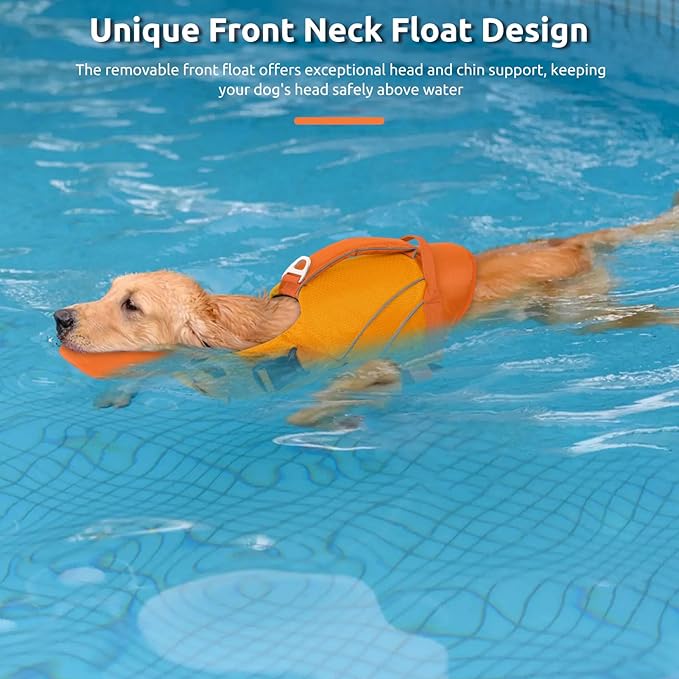 Queenmore Dog Life Jacket Large, Pet Pool Float with Chin Float, Large Dog Life Vest for Swimming, Adjustable Ripstop Pet Life Vest for Water at Pool, Beach, Boating (Orange,XL)