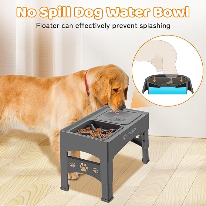 Elevated Slow Feeder Dog Bowls with No Spill Water Bowl, Raised Bowl for Large Medium Small Dogs, Food Stand Splash Guard, 4 Heights 3.7'', 8.5'', 10.1'', 11.7'', Grey (GW03)
