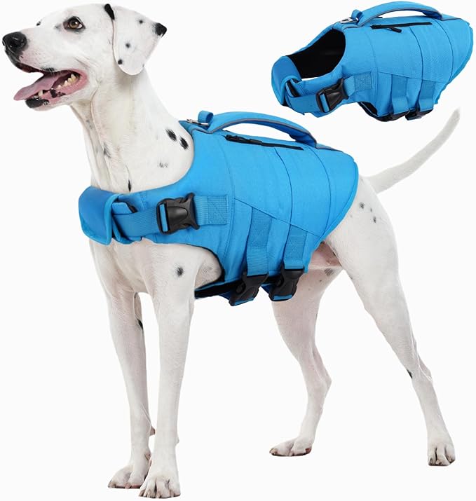 Kuoser Dog Life Jacket, High Flotation Dog Life Vest for Swimming Boating, Adjustable Small Medium Large Dogs Swim Vest with Rescue Handle and Pocket, Reflective Safety Pet Lifejacket Floats for Pool
