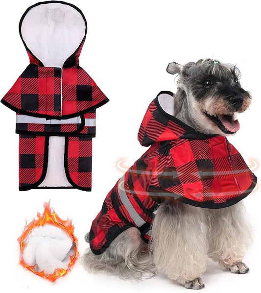 KOOLTAIL Winter Dog Raincoat Hooded Slicker Poncho with Leash Hole, Thick Fleece Rain Coats for Small Medium Dogs, Windproof Plush Warm Pet Rain Jacket with Reflective Adjustable Strip,Christmas Red S